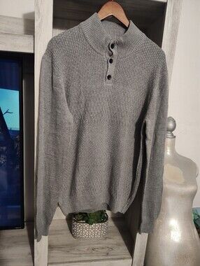 Perry Ellis Gray Ribbed Button-Front Turtleneck Sweater SZ M Sample Piece